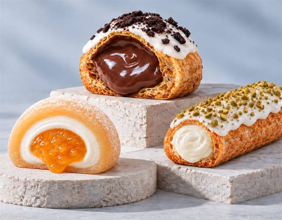 Vimiu retail products: mochi, chocolate cream puff and pistachio long puff